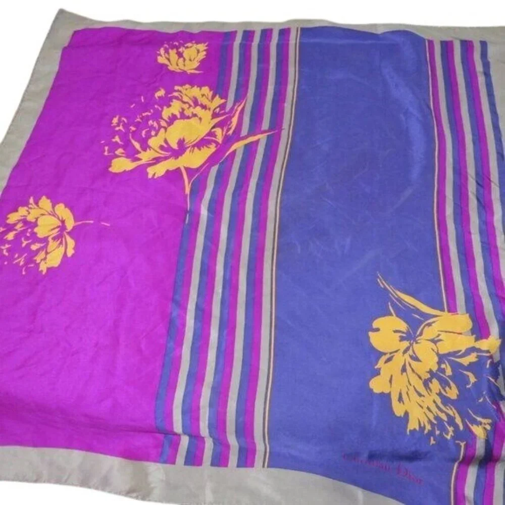 Christian Dior 100% silk scarf purple & pinks with white & yellow floral